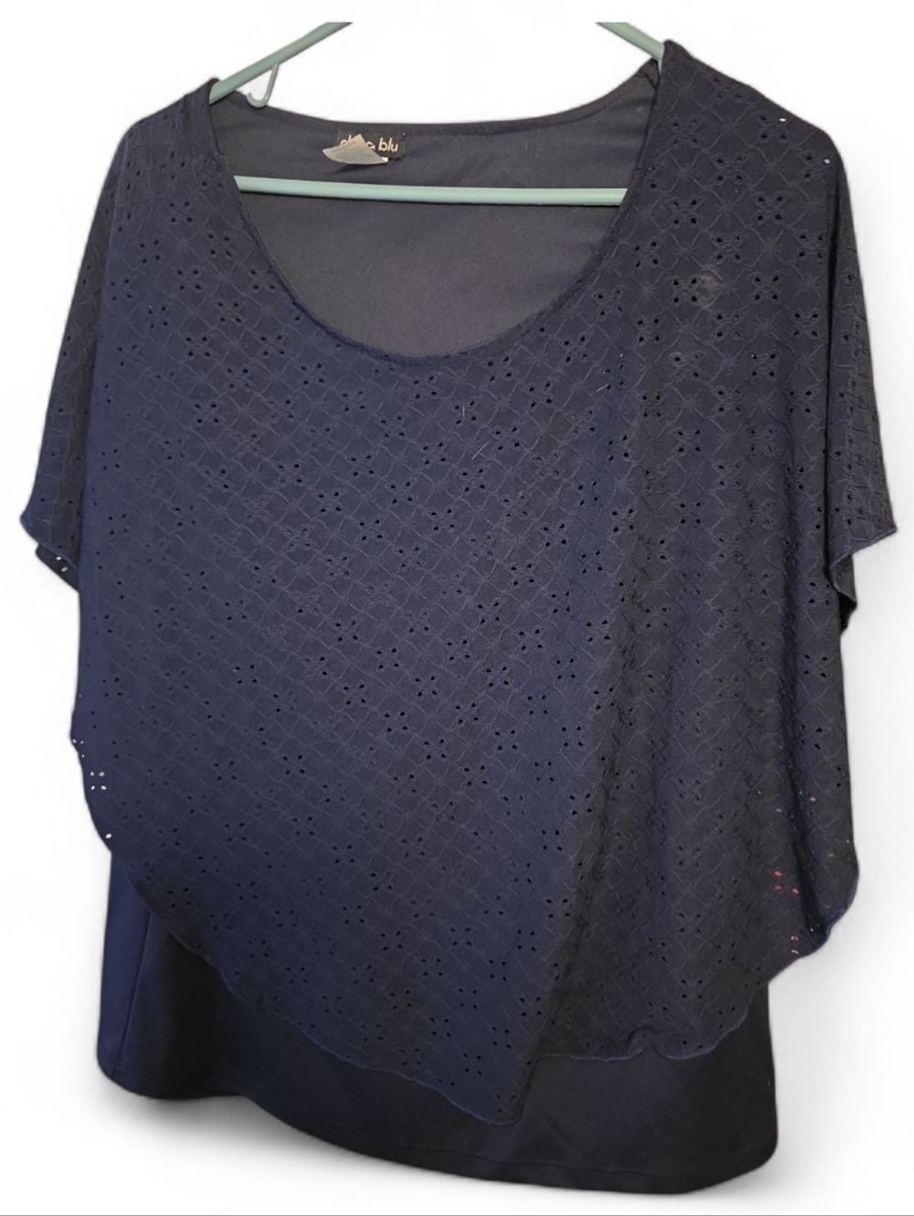 Blu Navy Eyelet Layered Short Sleeve Blouse - Women's